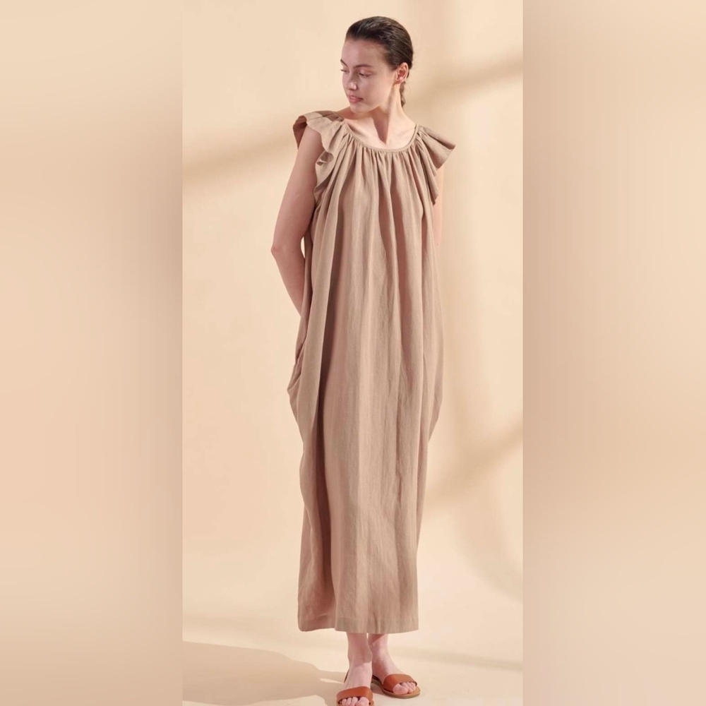 Amente Linen Ruffle short sleeve back tie midi dress M/L New.